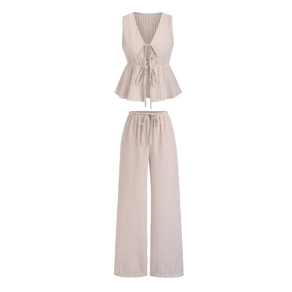 Women's Casual Sweet Set Summer Solid Color Striped Vest and Loose Pants Set with Lace-Up Closure