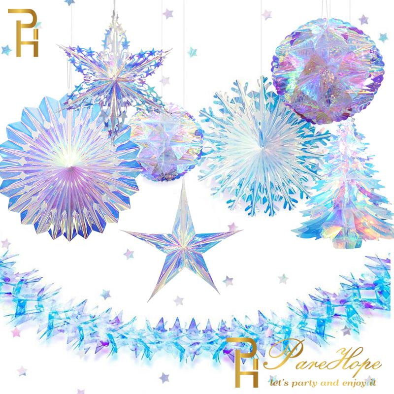 Iridescent Shiny Rainbow Honeycomb Snowflake Xmas Tree Star Fan Curtains For Birthday Party Wedding Christmas Decor