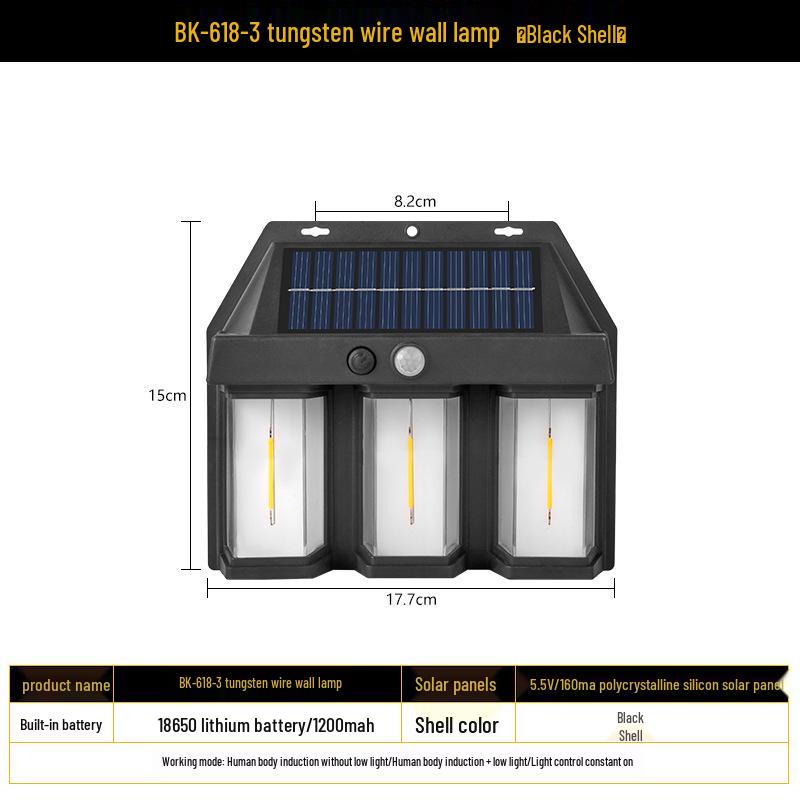 Solar Outdoor Wall Light with Human Body Sensor, Three Modes, Tungsten Filament, Waterproof for Garden or Villa Night Lighting.