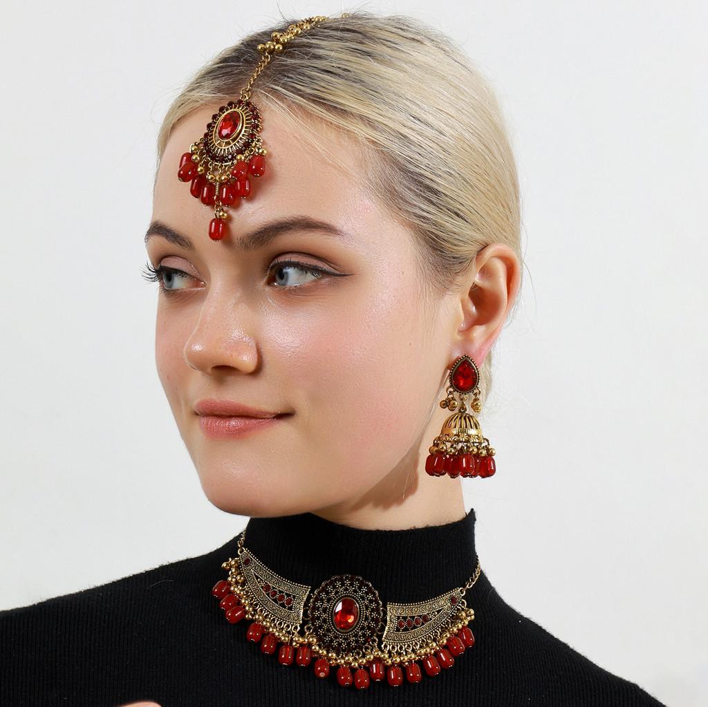 Geometric Bridal Headpiece Set With Metal Earrings And Necklace For Women