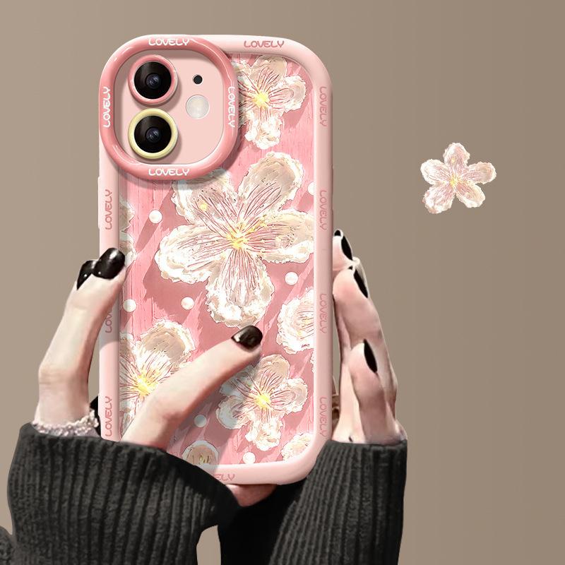 Oil Painting Flowers Suitable for Apple 15pro Mobile Phone Case Iphone14plus Silicone Puff 13 Full Cover Anti-fall 16