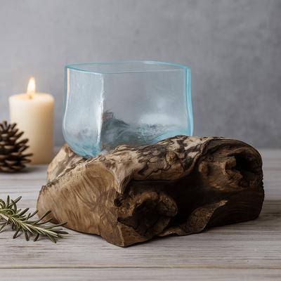 Molten Glass Bowl On Wood Base