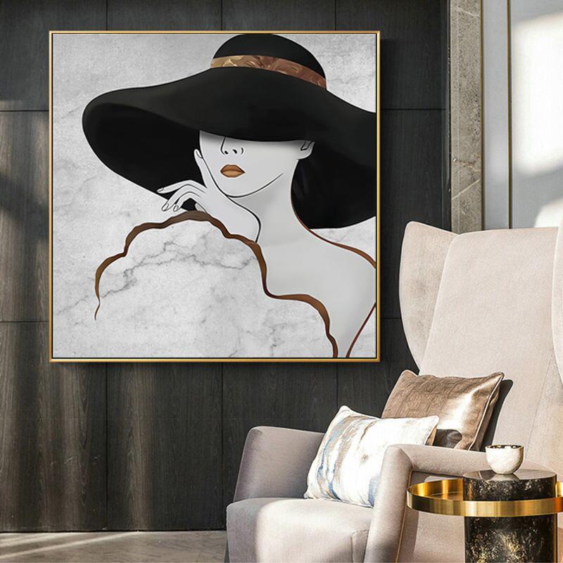 Abstract Lines Marble Pattern Decorative Canvas Painting of Women Waring Hats and Red Lips Posters and Prints Wall Art Cuadros