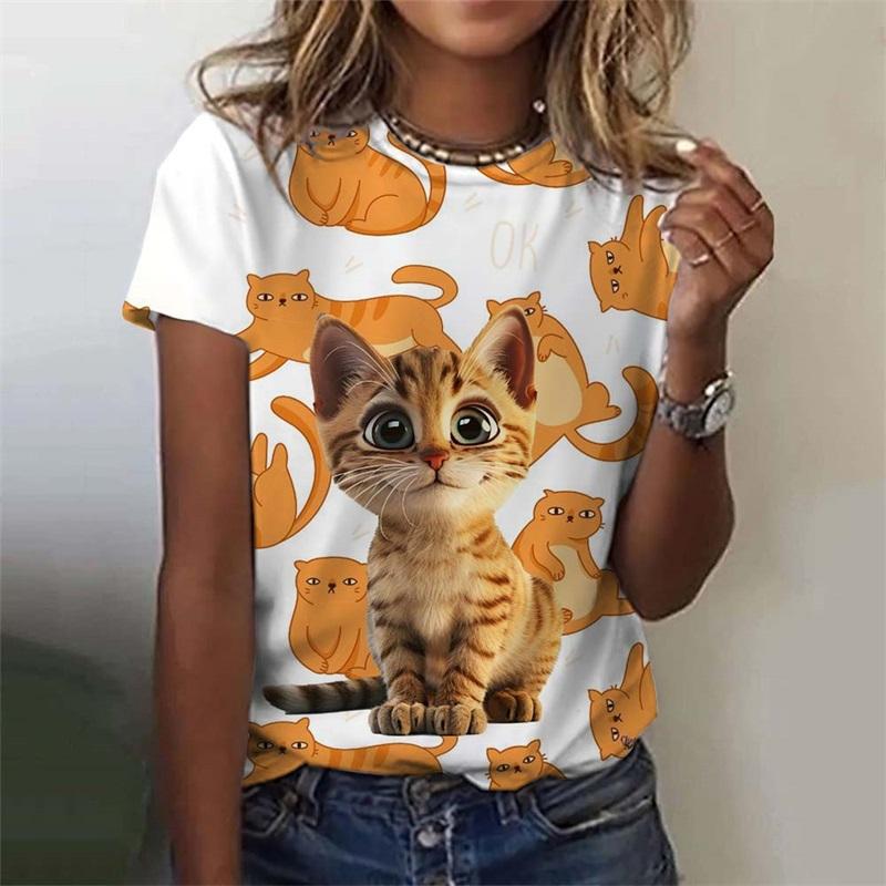 Women's T-shirt with Cute Cat Pattern 3D Printed for Girls, Summer Casual and Fashionable Women's Short Sleeved Oversized T-shirt