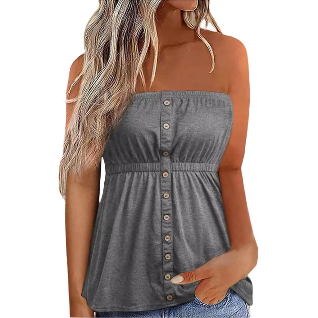 Women's Solid Color Sexy Off-the-shoulder Slim-fit Pullover Sleeveless Button Decoration Top