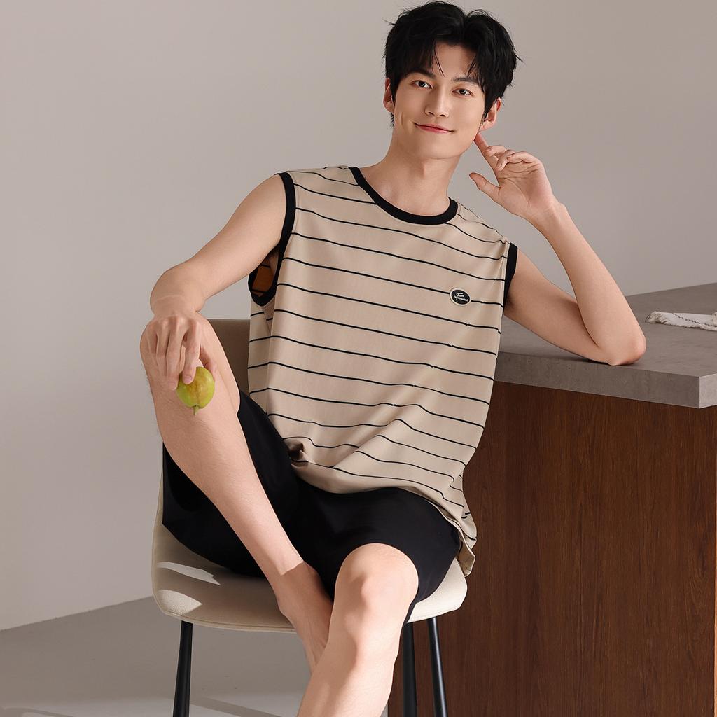 Pure cotton men's pajamas sleeveless vest men's suit 1011 summer new loungewear can be worn outside 100% cotton