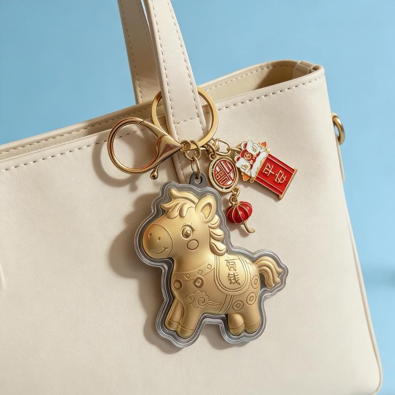 Goldenes Pferdejahr Schlüsselanhänger Anhänger Handgefertigt PVC Tierkreiszeichen Tasche Anhänger Für Neujahrsgeschenk Mit 3 Glücksbringenden Themen