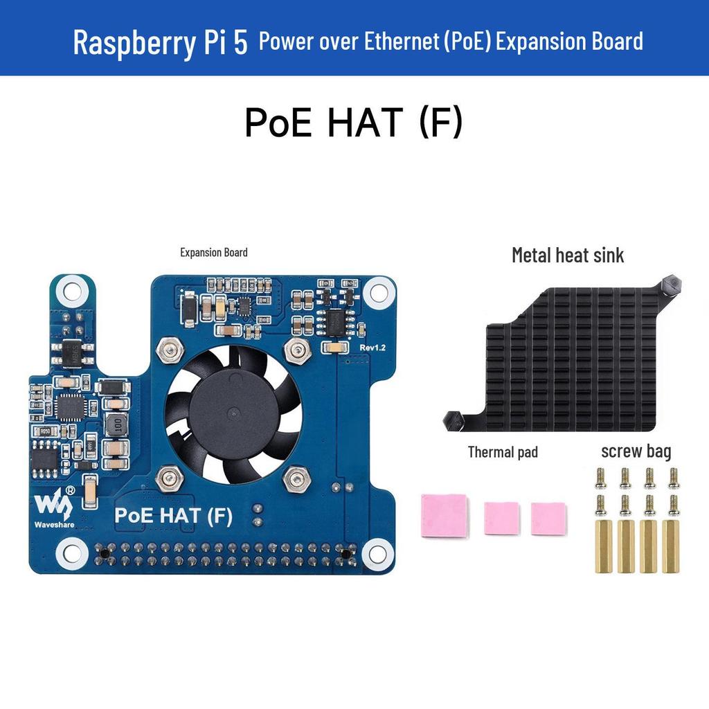 Raspberry Pi 5 PoE Ethernet Expansion Board with Type F Cooling Fan, 802.3af/at Standard