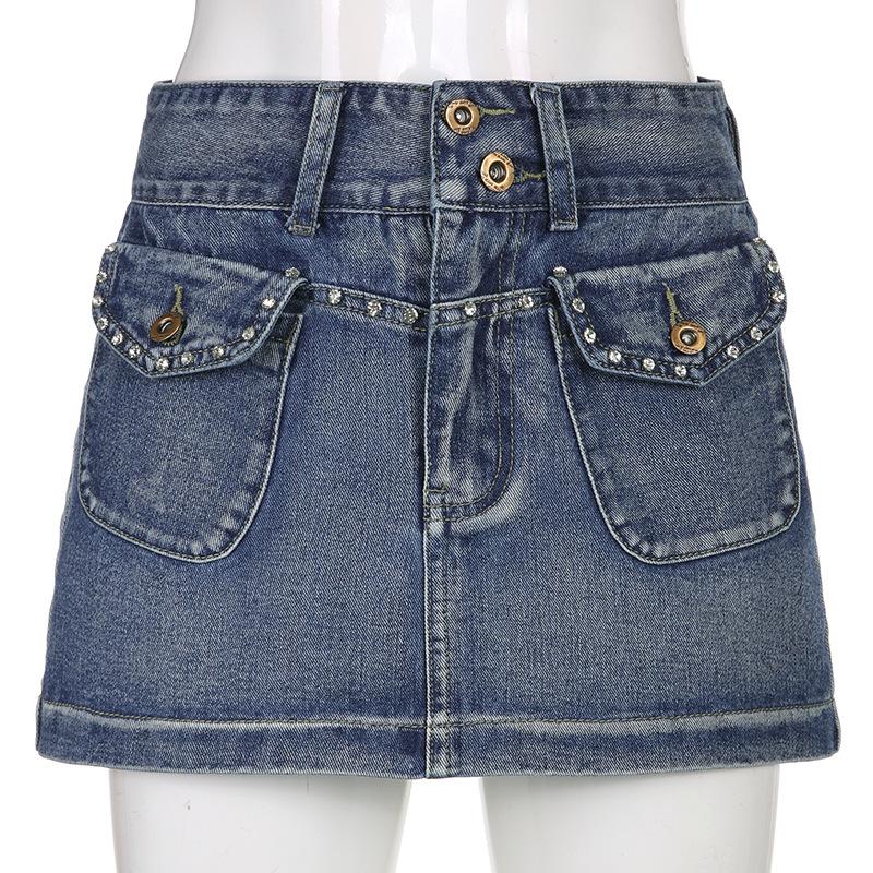 Vintage Diamonds Denim Mini Skirts Aesthetic Korean Kawaii Low Rise Skinny Wrap Bodycon Jeans Penceil Skirt Women Streetwear