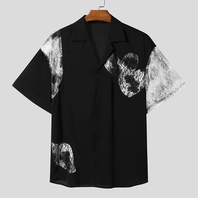 

INCERUN Oversized Men Short Sleeves Lace Patchwork Casual Loose Shirts 2XL чёрный