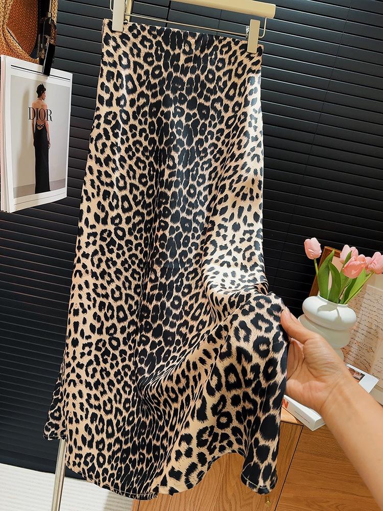 American Retro Satin Leopard Print Fishtail Bodycon Skirt - High Waist, Drawstring Midi