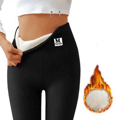 Women's High Waist Casual Pants Solid Color Fleece Thermal Leggings Winter Long Fleece Trousers Plush Running