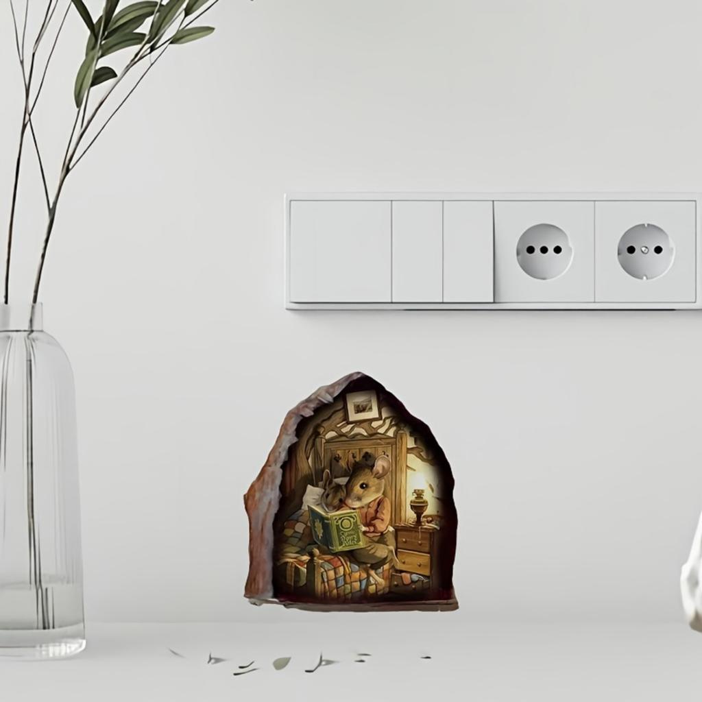 1PC 3D Mouse Hole Wall Sticker - Waterproof & Residue-Free, Cute Reading Mouse Design for Aesthetic Home Decor & Corner Reading Nook Decoration