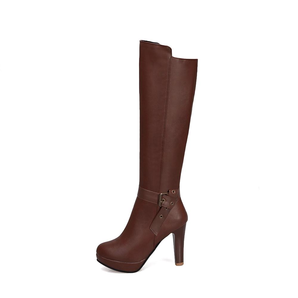 Kniehohe Stiefel mit hohen Absätzen Plateau Frau Herbst Winter Lange Stiefel Mujer Knöchelriemen Schnalle Aprikose Dünne Absätze Reißverschlussstiefel