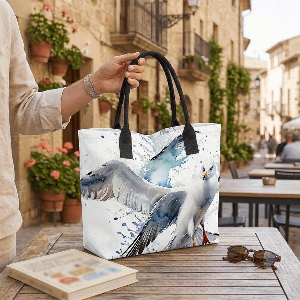 Watercolor Seagull Print Canvas Tote Bag Daily Casual Large Capacity Shoulder Handbag For Shopping Travel