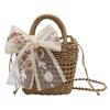 Yogodlns Floral Embroidery Bow Decor Straw Bag Woven Hollow Shoulder Bucket Bag Holiday Beach Bag Summer Crossbody Bag Handbag