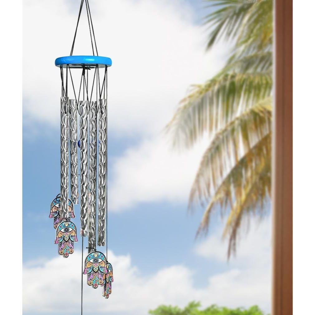 Hanging Bells for Positive Energy, Home Décor and Room Decoration | Showpieces for Living Room and Gift Items for Women, 6 Hamsa Hand 5 Silver Pipe