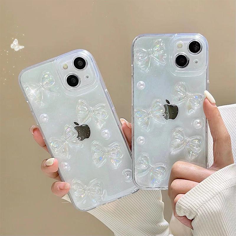 Wind Glitter Pink Bow Pearl Phone Case For Apple 17Promax Fine Hole Iphone 16 All-Inclusive 14