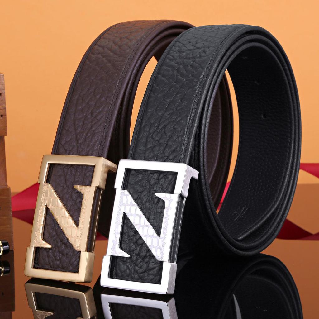Men's Z Letter Business Casual Buffalo Leather Belt with Stainless Steel Buckle