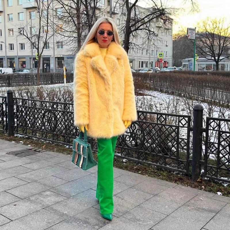 2026 Fall Winter Womens Mid-Length Faux Mink Fur Coat Notched Lapel Regular Sleeve Street Style