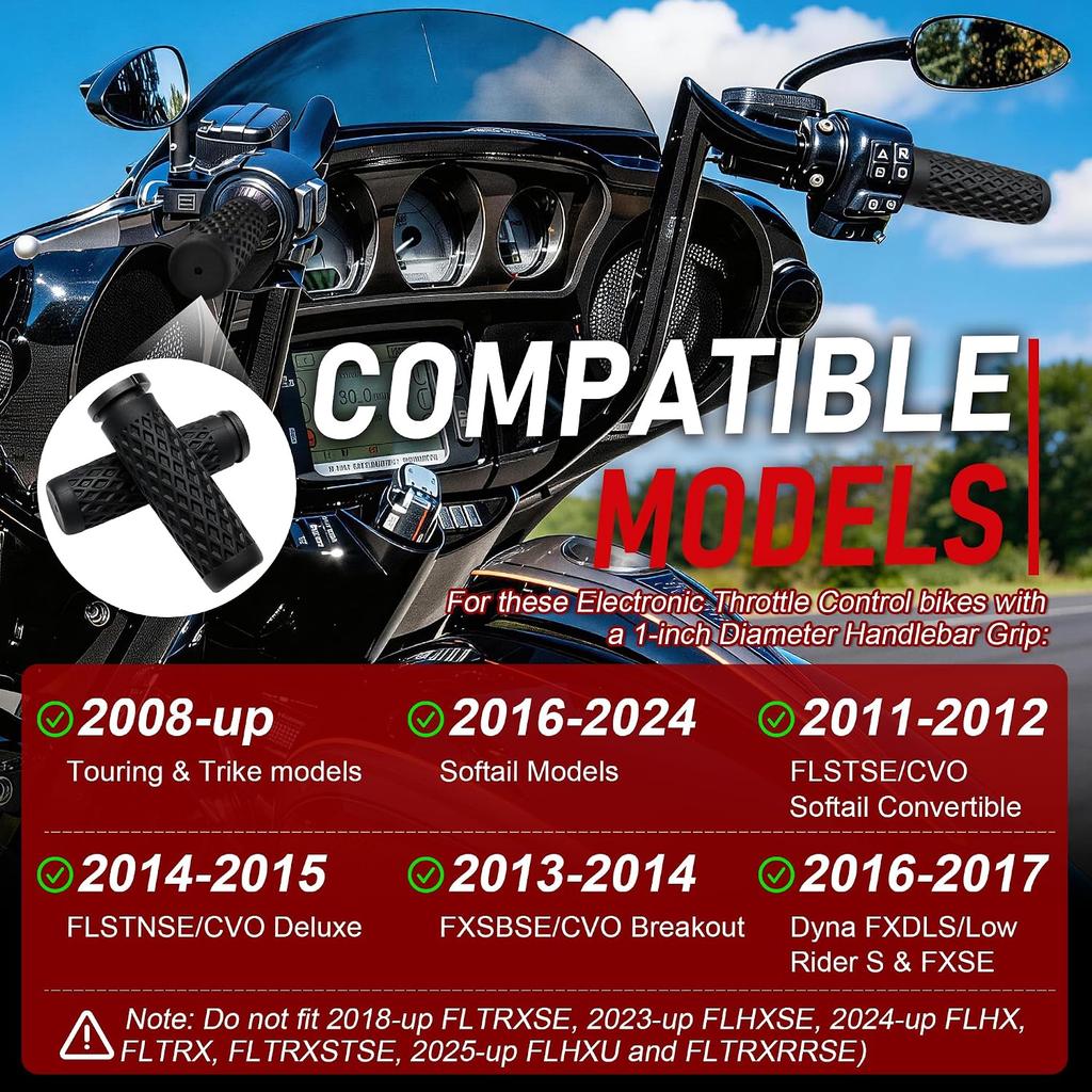 Silicone 1" Electronic Throttle TBW Hand Grips for 08-up Touring | & Trike, 2011-2024 Select Softail, 2016-2017 Low Rider S FXSE Harley Handlebar