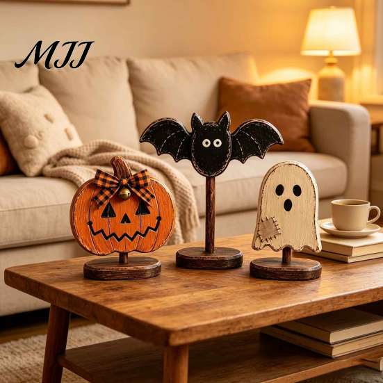 Housewarming Gifts for Home Lovers Halloween Wooden Tabletop Decor, Vintage Pumpkin Ghost Bat Figurines, Rustic Farmhouse Autumn Atmosphere