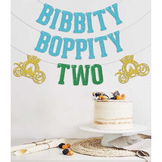 Bibbity Boppity Two Banner,2nd Birthday Party Decor,Two Birthday Decorations,Pumpkin Cart Theme Birthday Decorations Supply Blue & Green