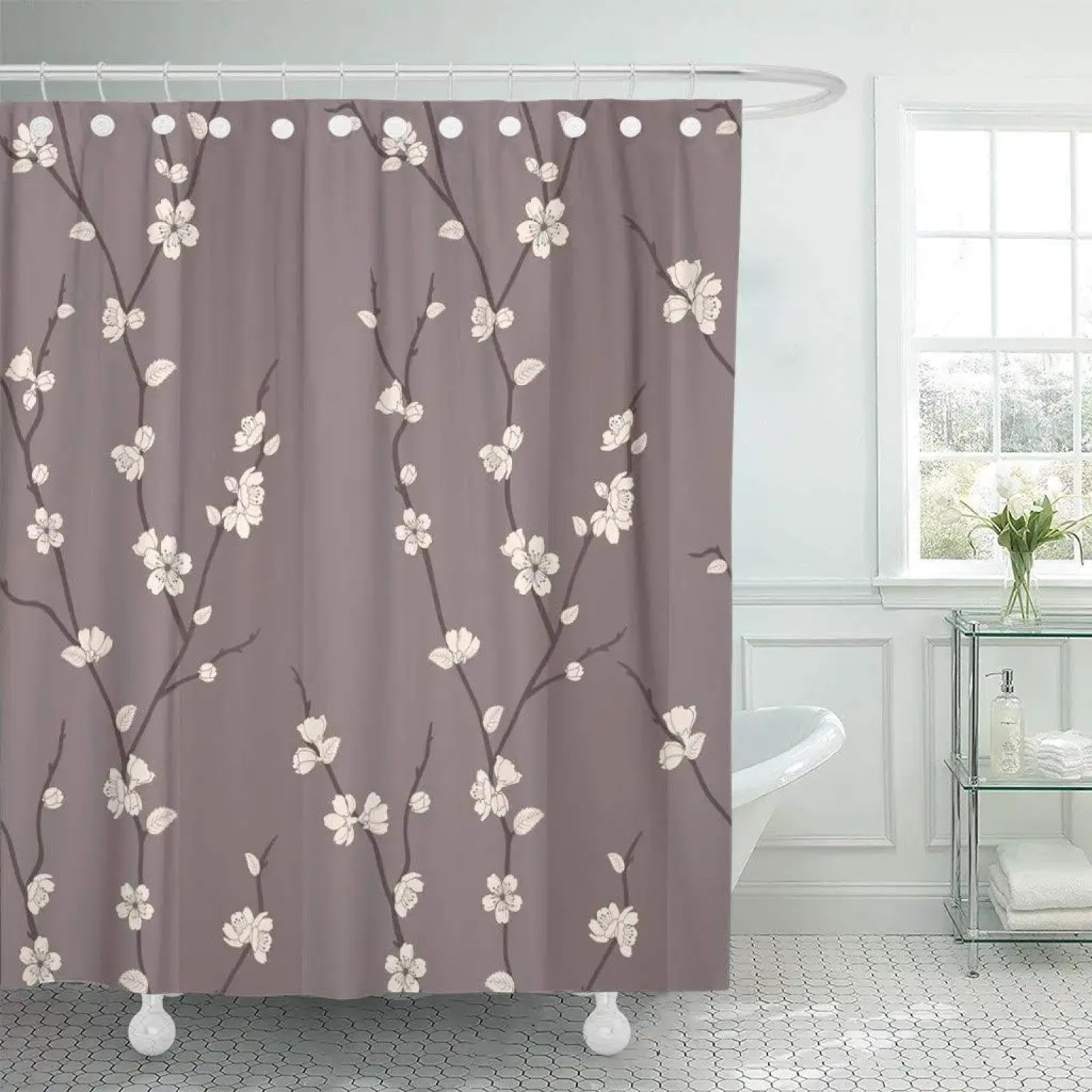 

Cherry Blossom Shower Curtain Machine Washable All Season Waterproof Privacy Protection Floral Design Elegant Easy To Clean W60H190(CM)-1 Pcs