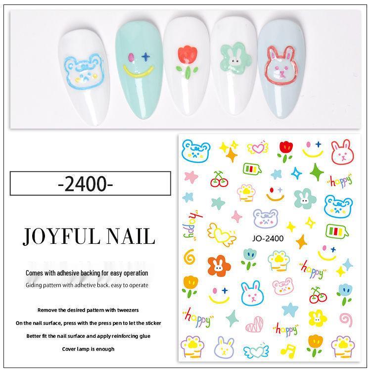 Cartoon Graffiti Nail Stickers: Kitten, Rabbit, Puppy, Starburst, Butterfly Designs with Adhesive