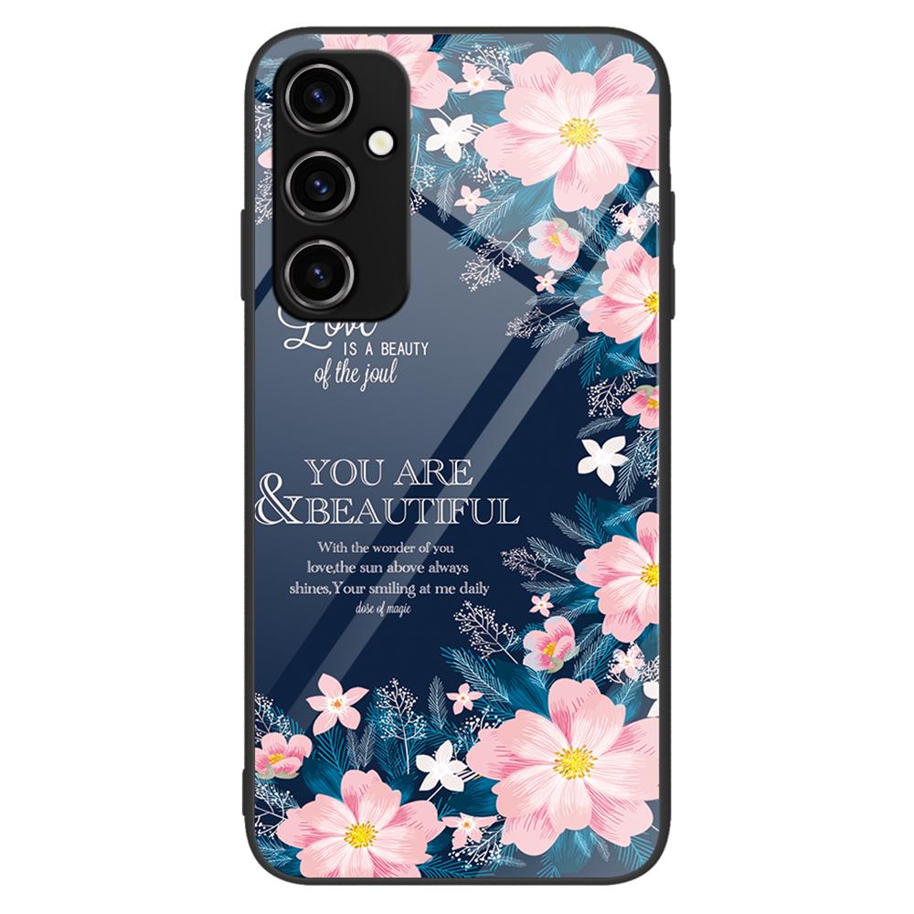 

For Samsung Galaxy A54 5G Phone Cover Pattern Printing Tempered Glass+PC+TPU Phone Case Pink Flowers