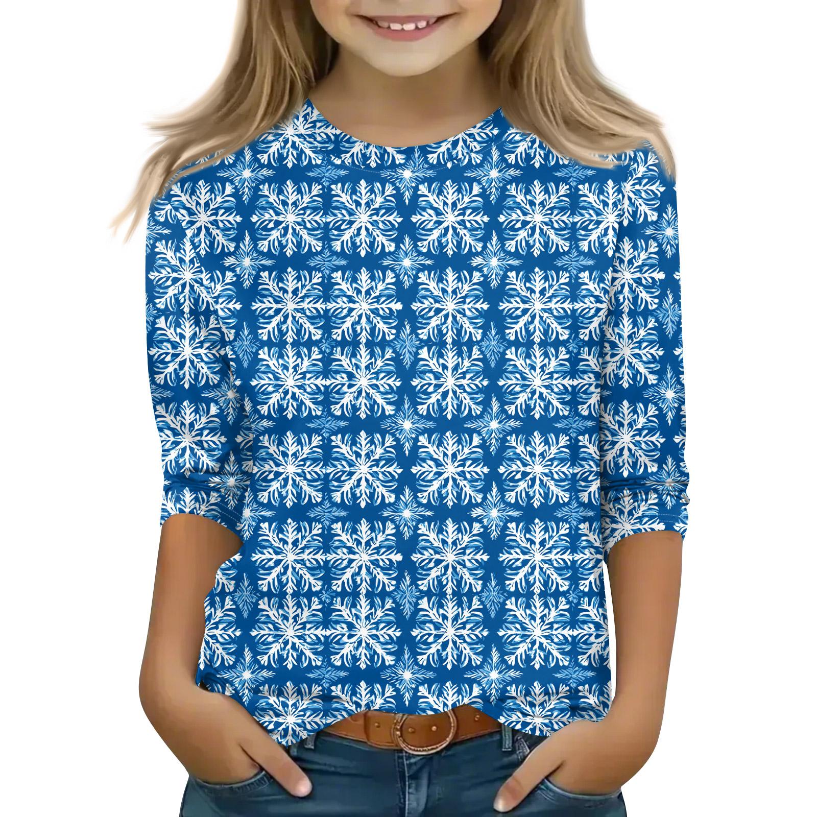 

Рождественские топы с принтом для девочек-подростков 5-16 лет, футболки с круглым вырезом и рукавами 3/4, модные топы, нарядные футболки 150 синий