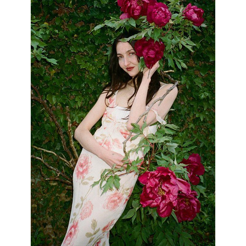 Real Series French Style Downy Gentle Sexy V-neck Rose Print Ruffle Sleeveless Dress