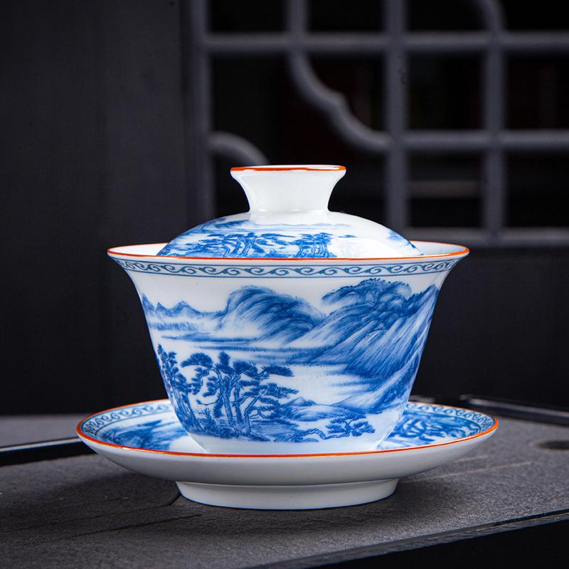 Dehua Gaiwan Cup Ceramic Large Single Sancai Bowl Kung Fu Tea Set Blue and White Porcelain Household