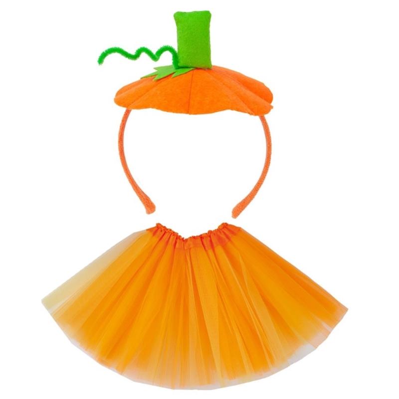 2Pcs Halloween Pumpkin Dress up Kits Includes Pumpkin Hairband Skirt