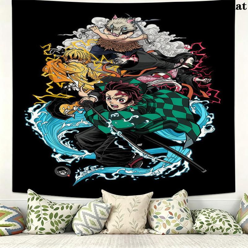 Demon Slayer Kimetsu No Yaiba Wall Tapestry Aesthetic Wall Hanging Printed Fabric Blanket Decorative Tapestries for Bedroom Living Room Home Decor