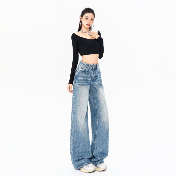 American old pleated floor drape denim trousers comfortable Spice Girl new loose spring and summer