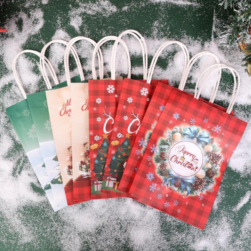 Weihnachten Handliche Kraft Geschenktüte Feiertagsparty Süßigkeiten Schokolade Verpackung Handgemachte Papiertüte Cartoon Weihnachtsbaum Flachbodenbeutel