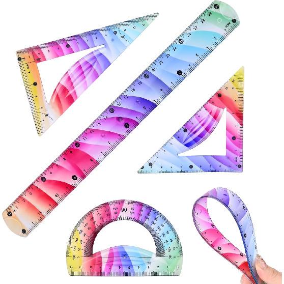 4 Pcs Flexible Rulers Set, Colorful Geometry Kit, Plastic Bendable Shatterproof Soft Rulers, Clear Ruler 20 cm/ 8 Inch, Triangle Rulers and