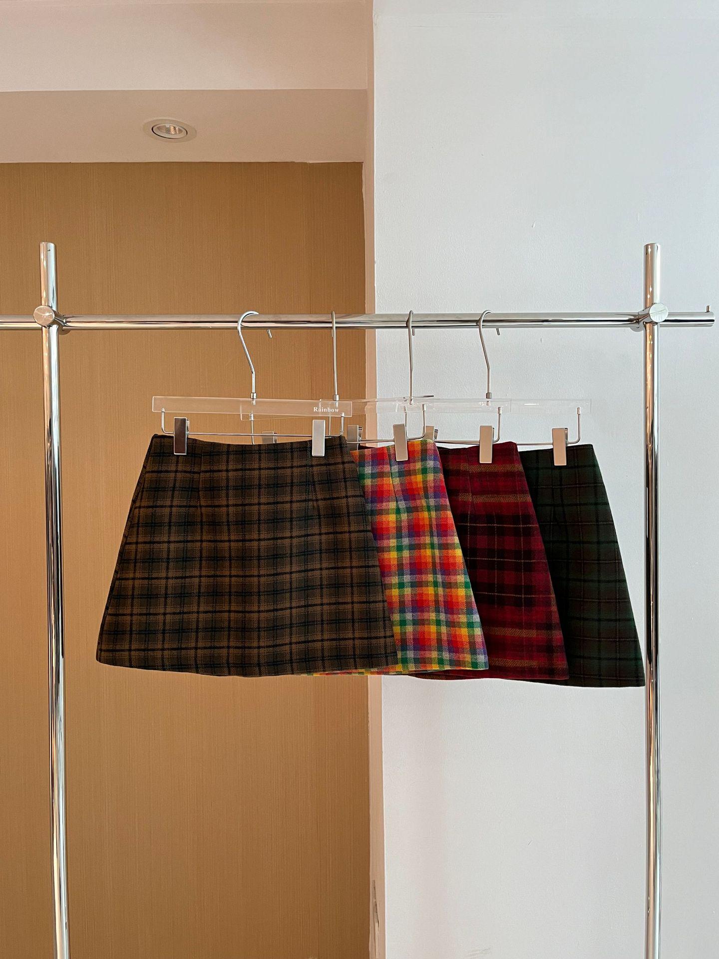 Rainbow Korean-Style Pleated Plaid Wool A-Line Skirt for Women - Winter Fashion Small