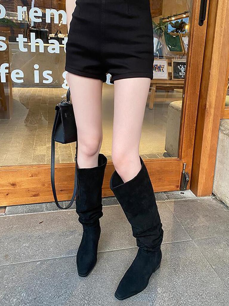 Big Tube Circumference Piled Boots Wrinkled But Knee Boots Women's Autumn and Winter Thick Heel Heightening Knight Boots Maillard Western Boots