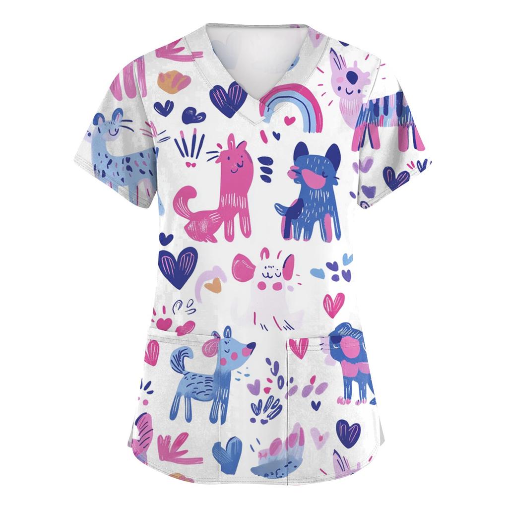 Women's Fashion Printed Short Sleeve V-Neck Top Small Pocket Work T-Shirt