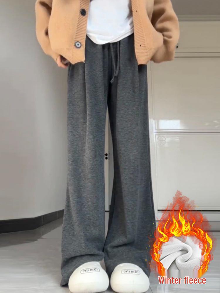 Women's Dark Gray Soft Wide-Leg Glutinous Rice Pants - Spring/Autumn Plus Velvet Warm Casual Petite Long Pants.