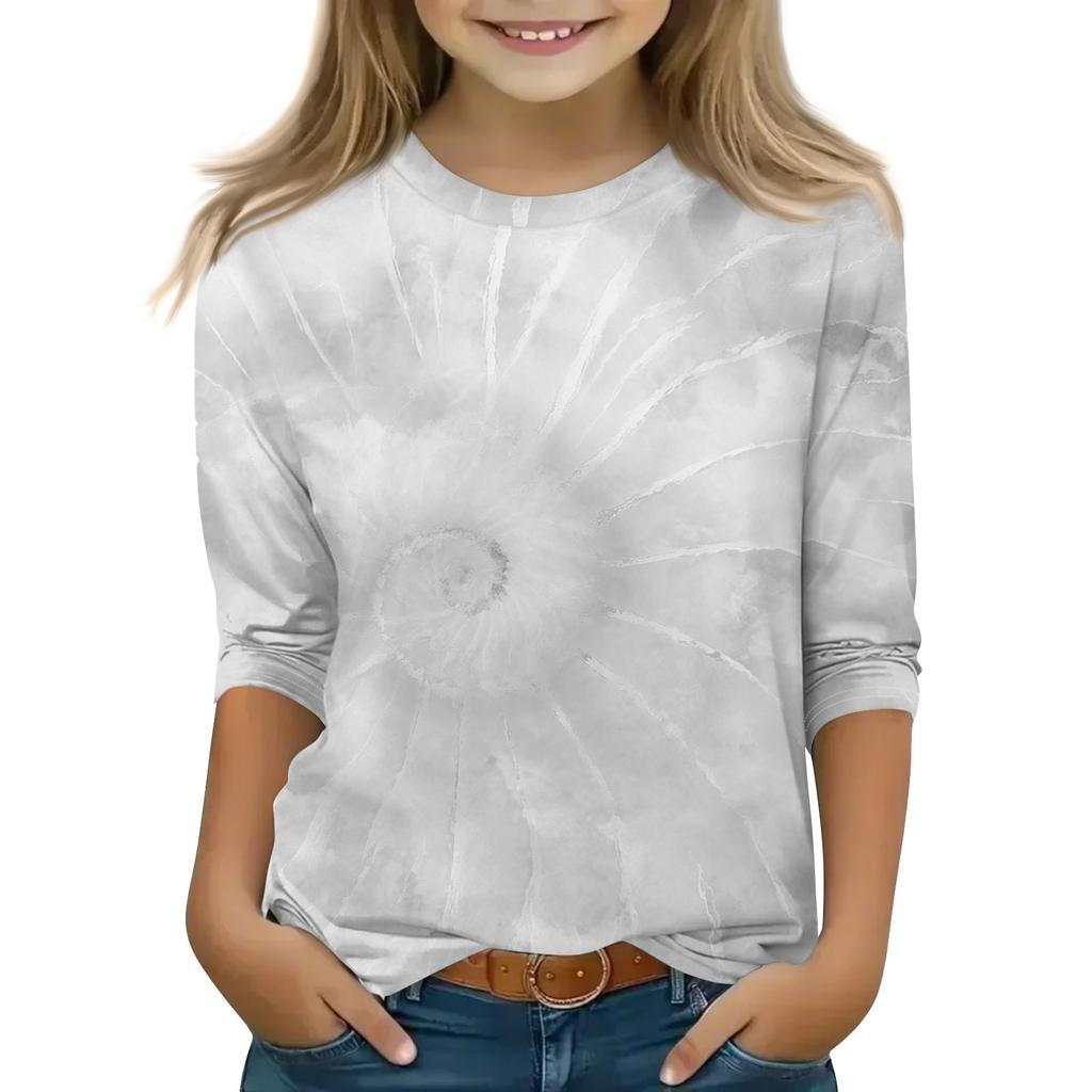 Print Tops For Youth Girls Round Neck 3/4 Sleeves T-Shirts Trendy Tops Outfit Tees