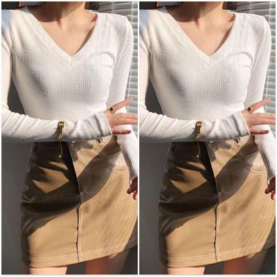 Spring and Autumn Elastic Solid Color Pullover Versatile Sweater Sexy Slim Fit V-neck Top