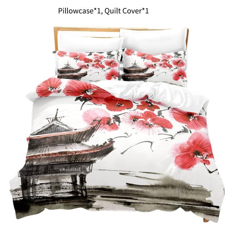 New Cross-border Chinese Style Ink Painting Digital Printing Flannel Bedding Set