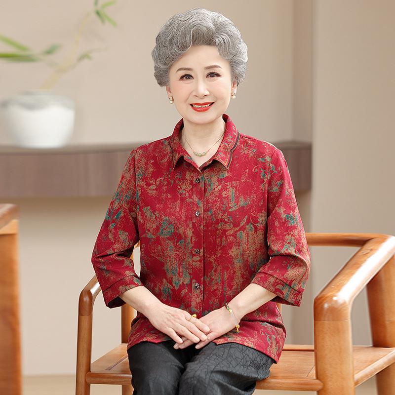 

Grandma’s Summer Seven-Sleeve Lapel Shirt for Women - Vintage Style for Middle-Aged and Elderly 5XL [135-150 jin] червоний