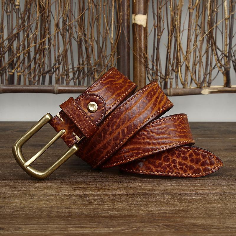 Pasek męski pogrubiony afrykański dziki skóra bydlęca wzór kurczliwy vintage gruby wzór prawdziwa skóra bydlęca powierzchnia wzór drzewa pasek dżinsowy