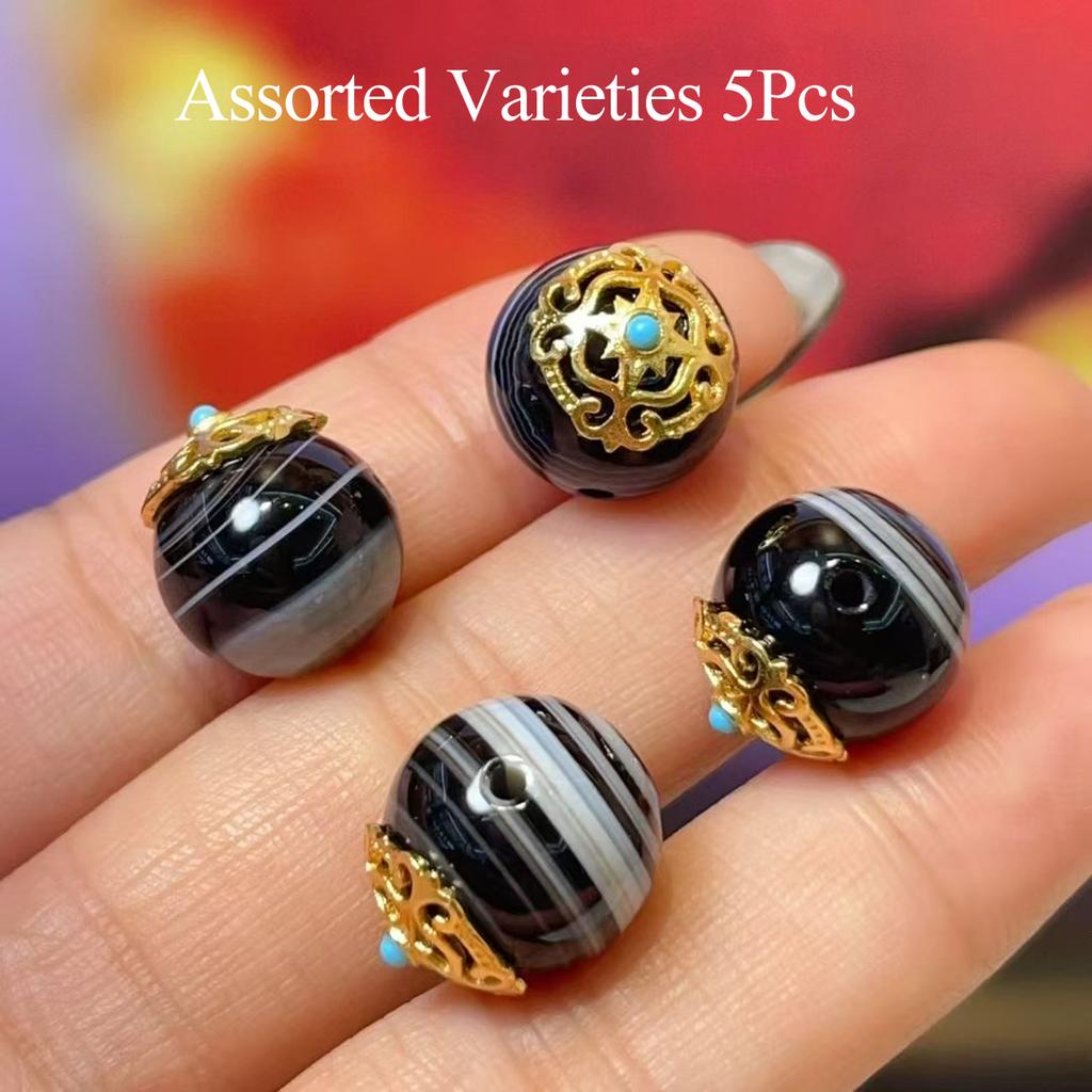 5Pcs, Tibetan Dzi Beads, Golden-Plated Carved Decor with Gemstone Inlay, Ethnic Style DIY Bracelet Necklace Jewelry Spacer, Loose Beads 12×14mm
