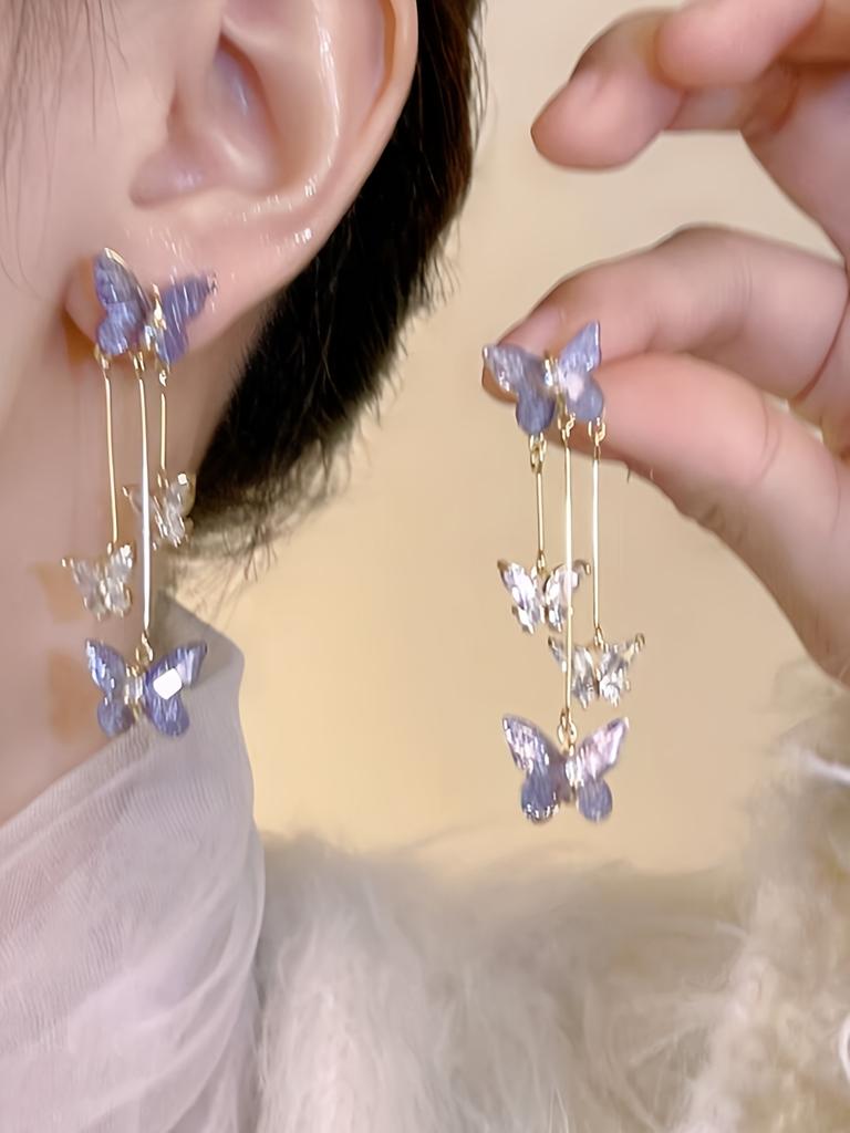 Brincos de Franja Borboleta Roxo Claro, Acessório de Temperamento Delicado Estilo Elegante Perfeito para Festa Uso Diário, para Adolescente