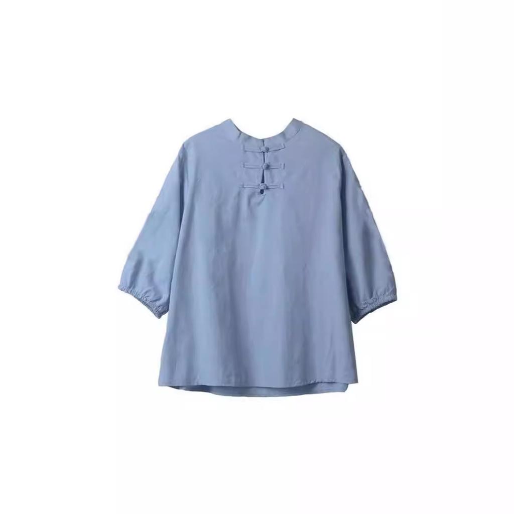 Spot summer new cotton and linen disc buckle loose top Chinese retro literary casual tea clothes five-point shirt